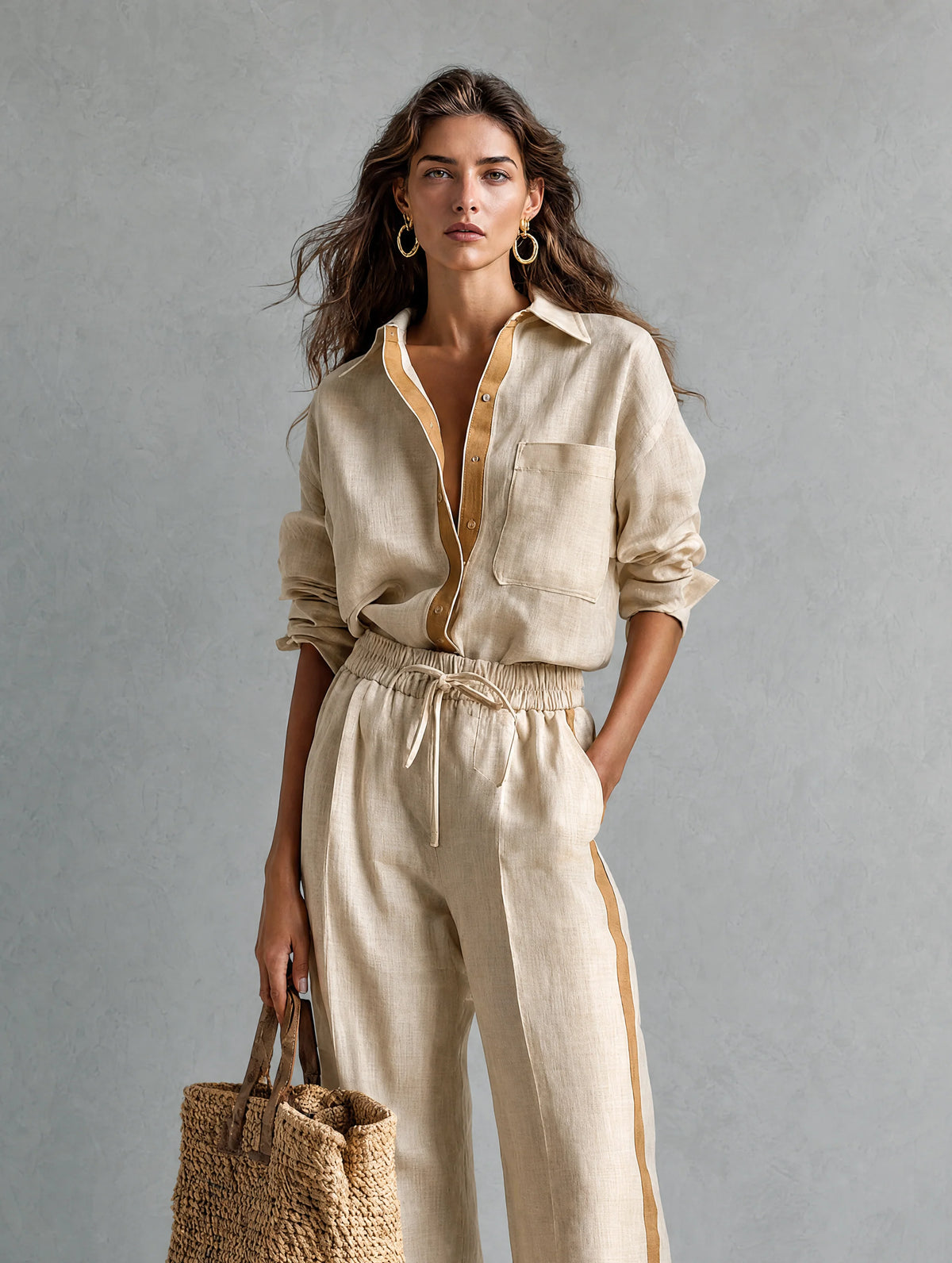 Khaki Cotton-Linen Shirt And Trousers Two-Piece Set