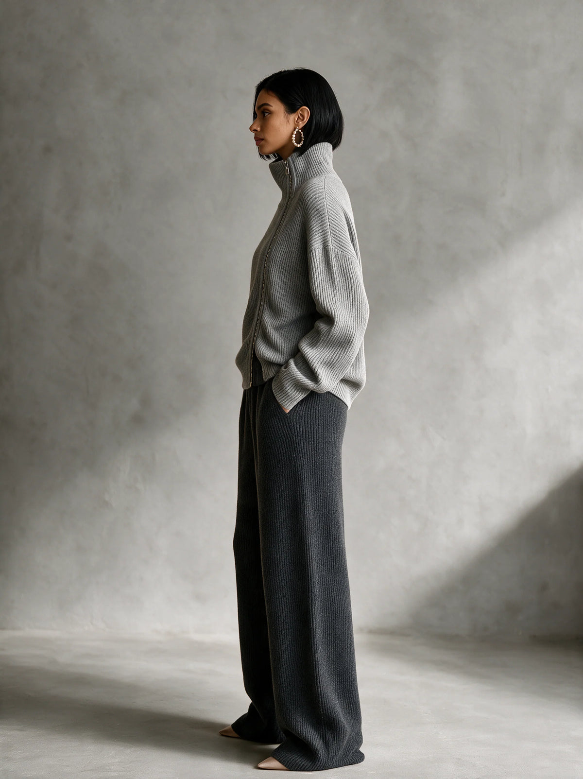 Diagonal‑Zip Funnel Neck Knit Sweater