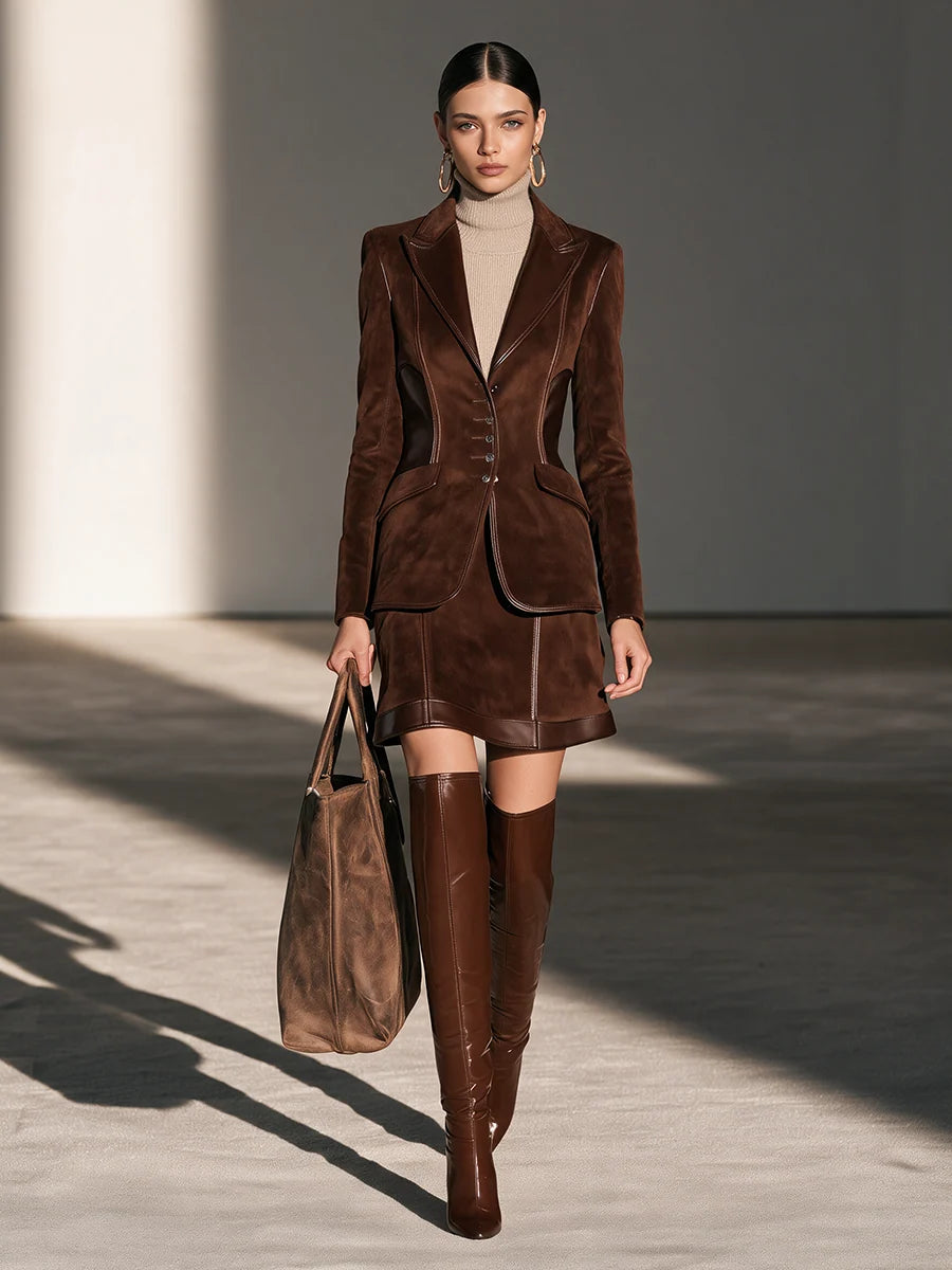 Peak-Lapel Cinched-Waist Blazer & Leather-Trim Mini Skirt Set