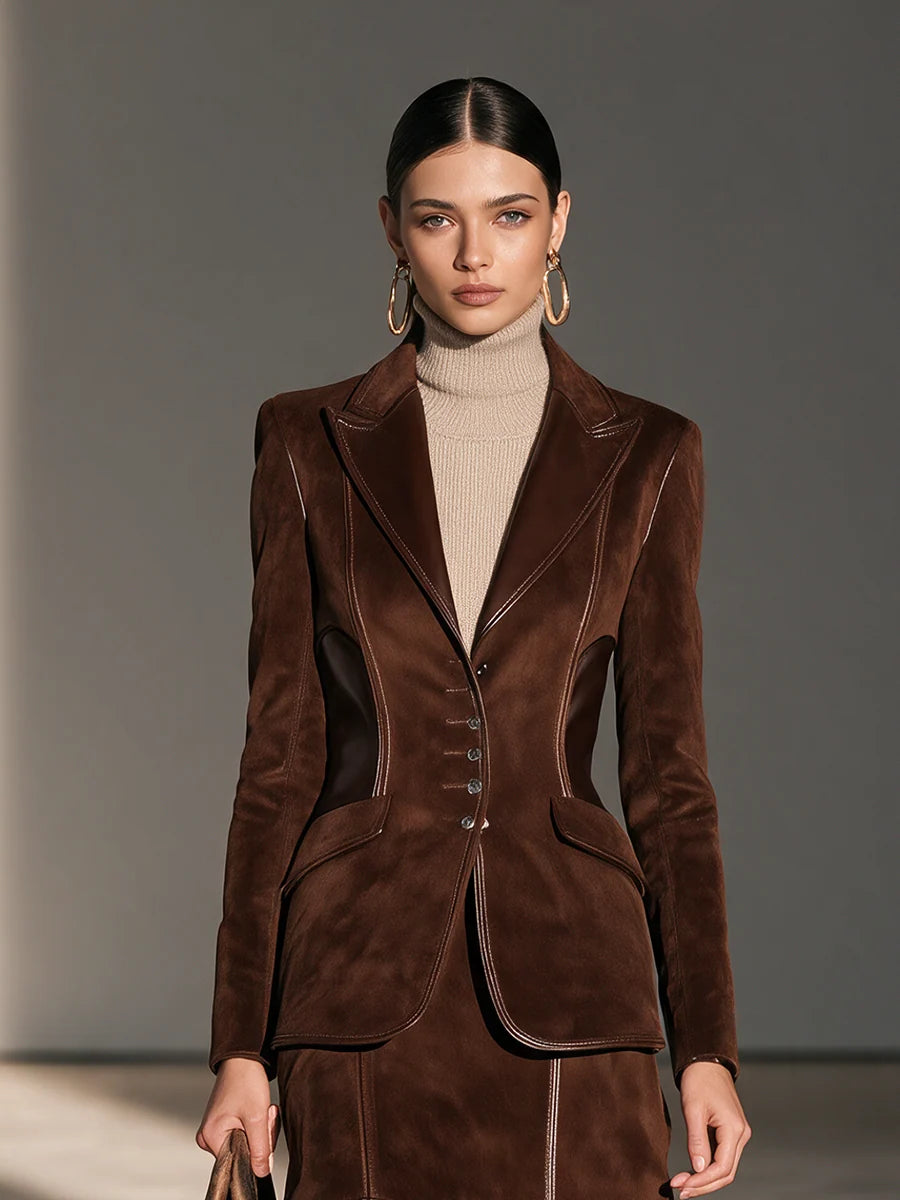 Peak-Lapel Cinched-Waist Blazer & Leather-Trim Mini Skirt Set