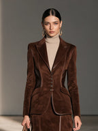 Peak-Lapel Cinched-Waist Blazer & Leather-Trim Mini Skirt Set
