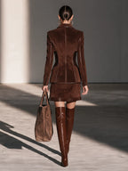 Peak-Lapel Cinched-Waist Blazer & Leather-Trim Mini Skirt Set
