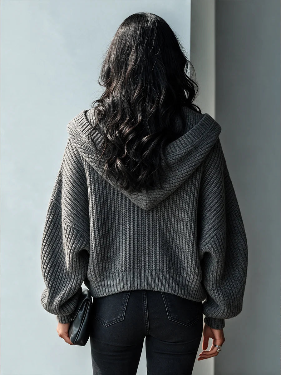 Hooded Chunky-Ribbed Knit Cardigan