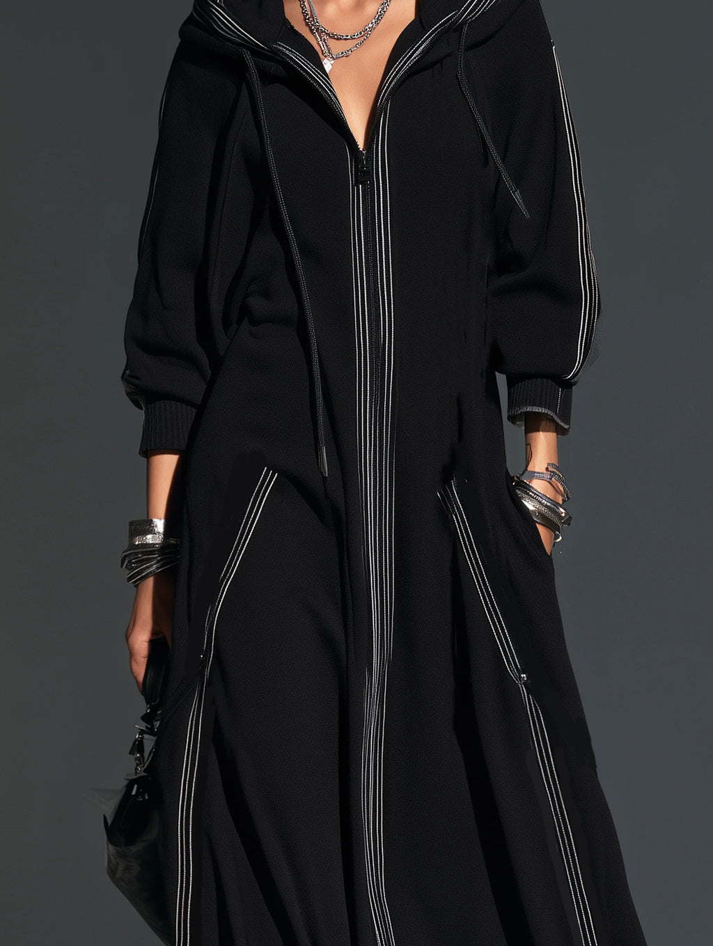 Black Long-Sleeve Hooded Long Coat In Sweatshirt Fabric