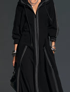Black Long-Sleeve Hooded Long Coat In Sweatshirt Fabric