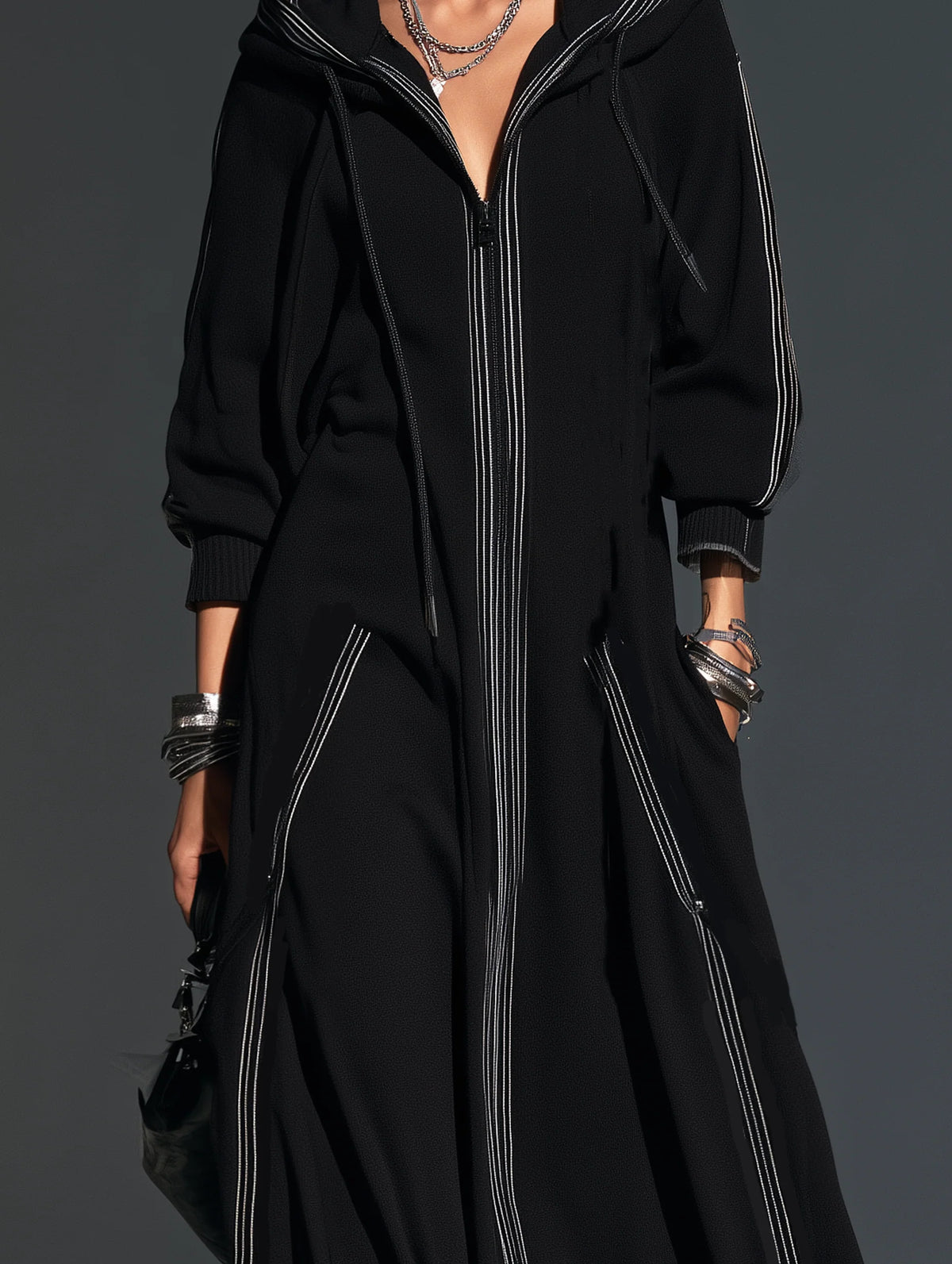 Black Long-Sleeve Hooded Long Coat In Sweatshirt Fabric