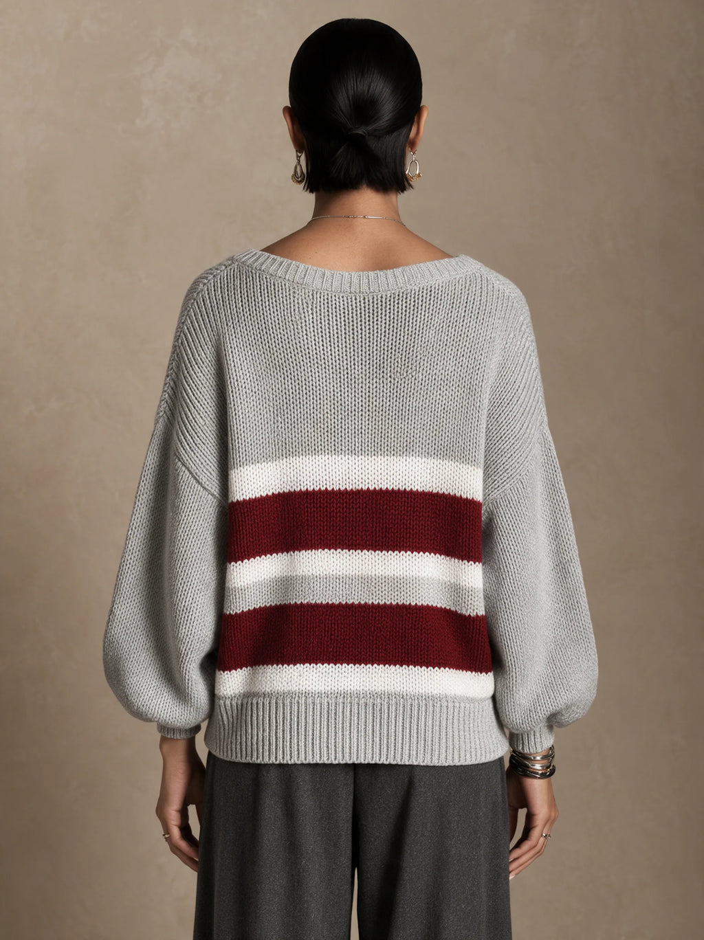 Contrast Stripe Casual Round Neck Pullover Sweater