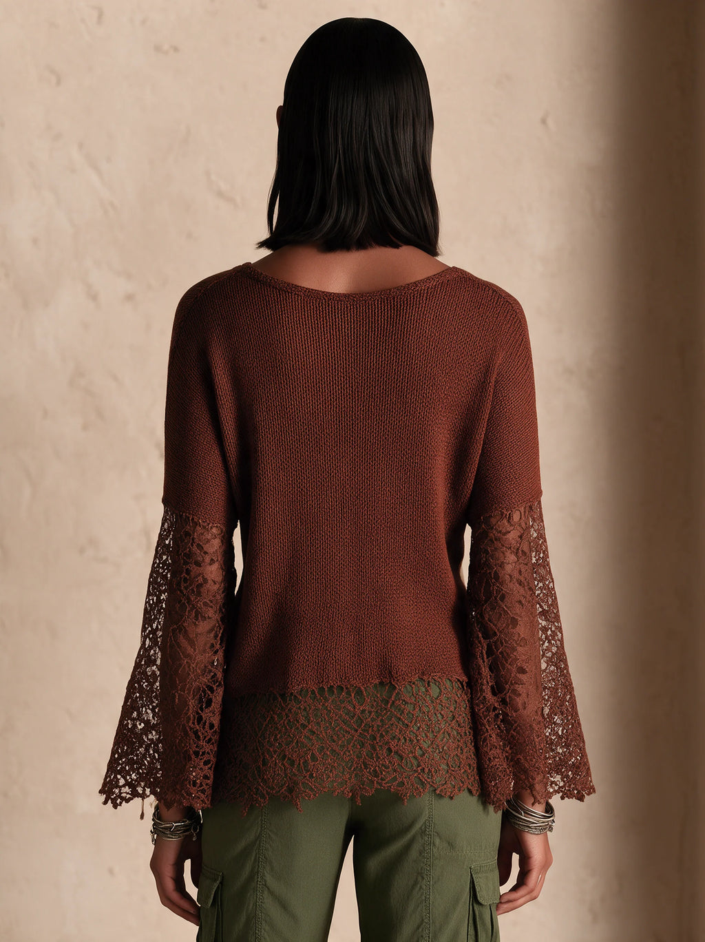 Lace Panel Bohemian Bell Sleeve Sweater