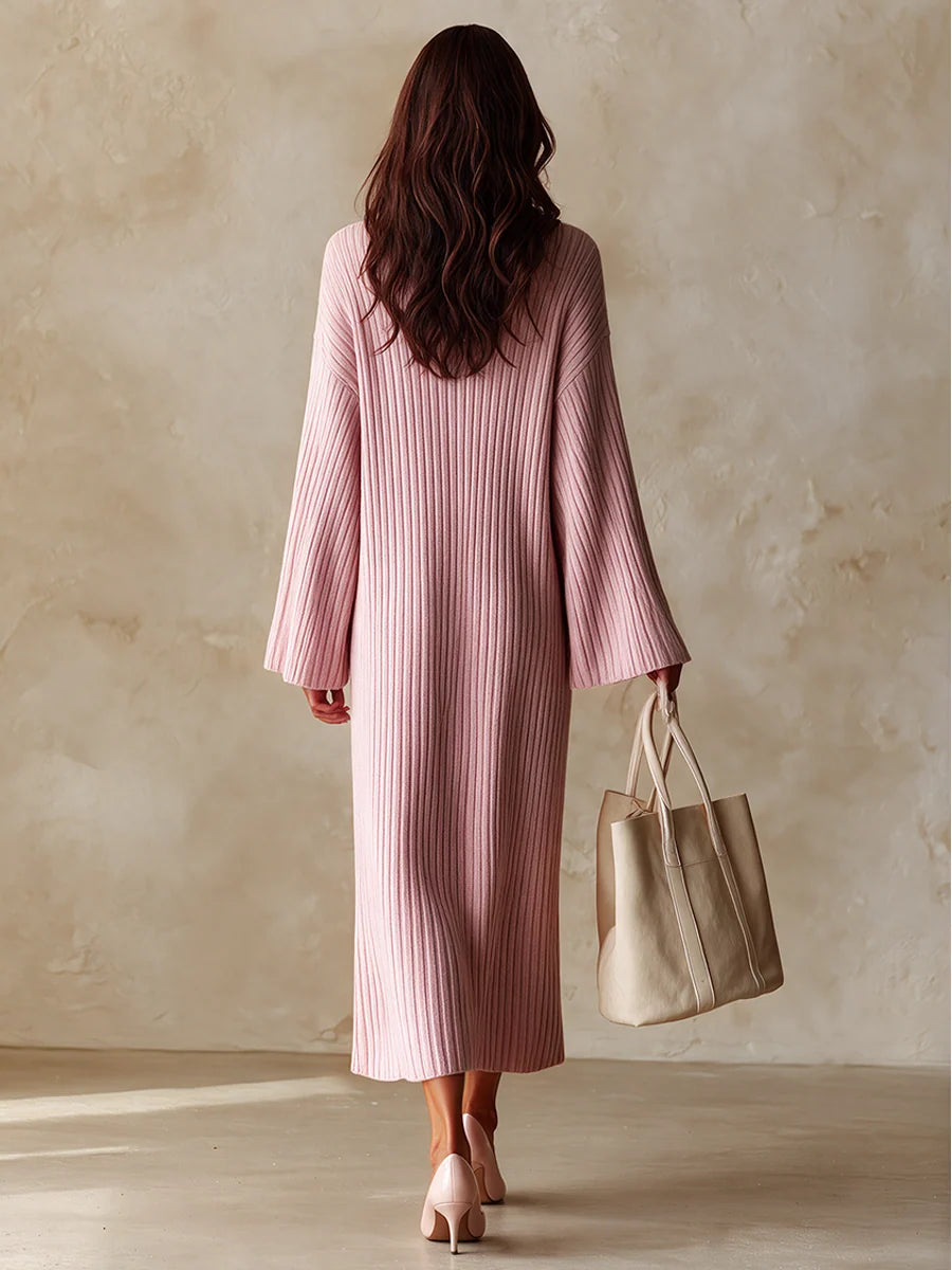 Ribbed Knit Long-Sleeve V-Neck Dress