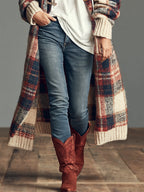 Vintage Plaid Jacquard Shawl-Collar Toggle Cardigan