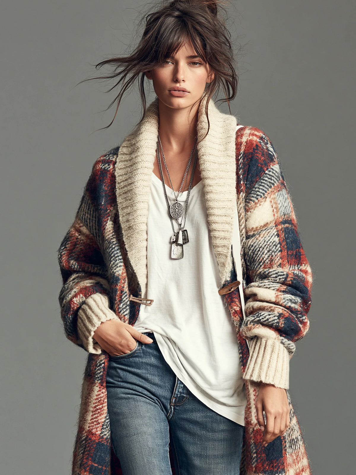 Vintage Plaid Jacquard Shawl-Collar Toggle Cardigan