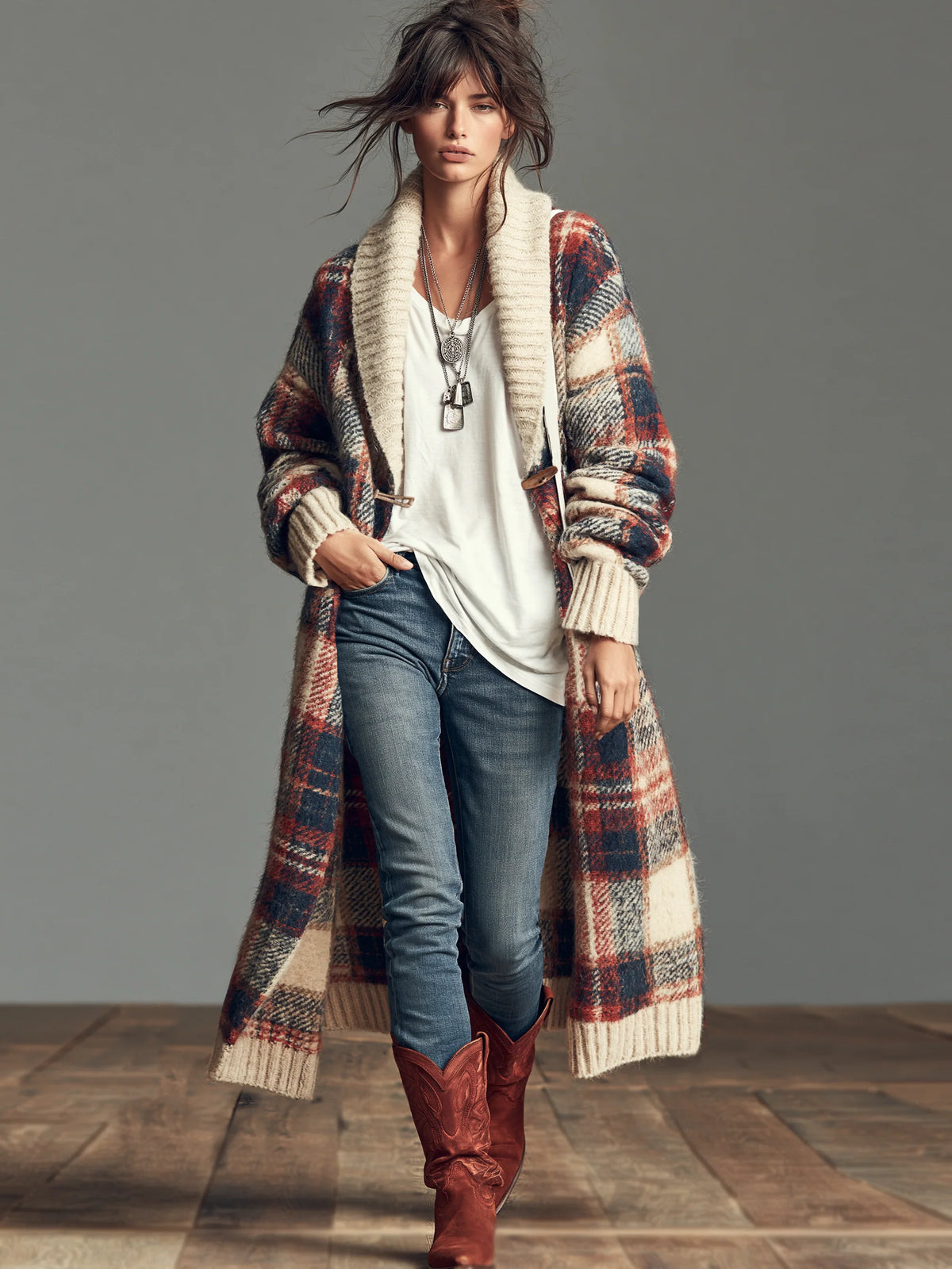 Vintage Plaid Jacquard Shawl-Collar Toggle Cardigan