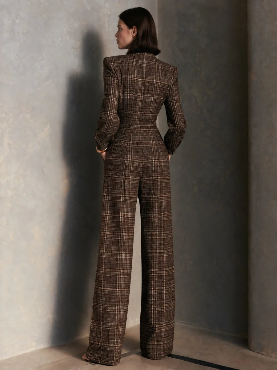 Vintage Plaid Woolen Stand Collar Wide Leg Jumpsuit