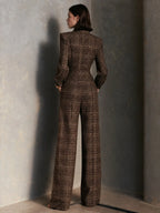 Vintage Plaid Woolen Stand Collar Wide Leg Jumpsuit