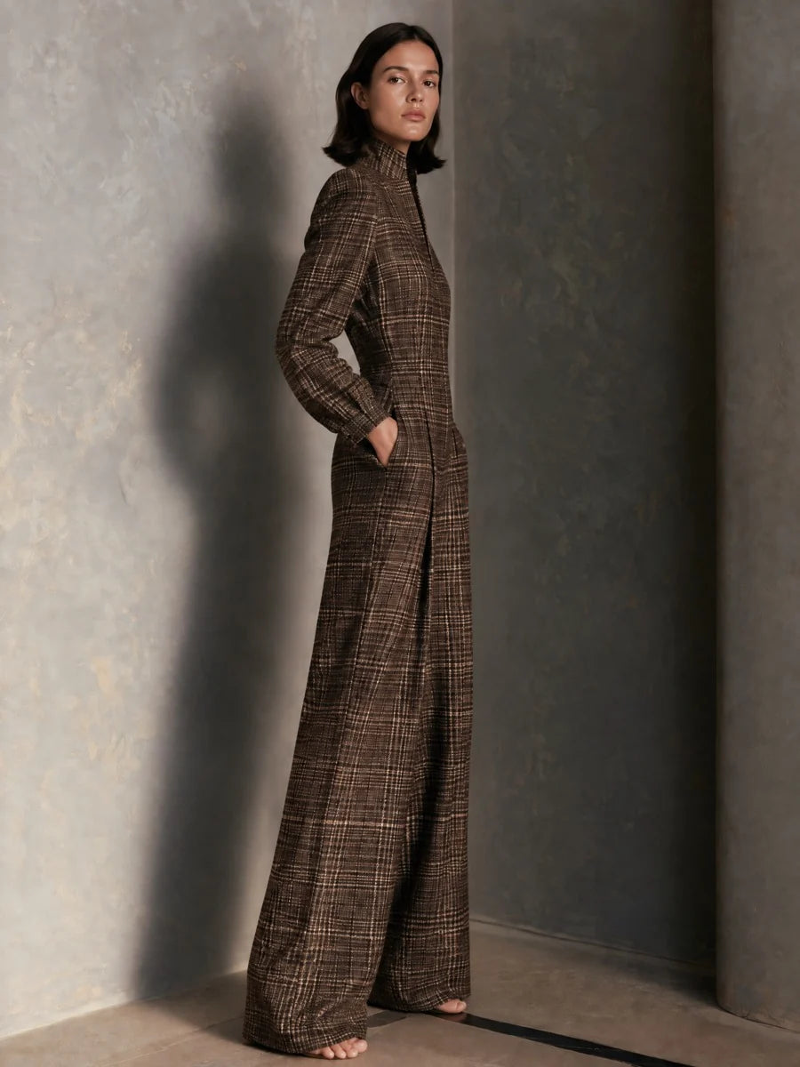 Vintage Plaid Woolen Stand Collar Wide Leg Jumpsuit