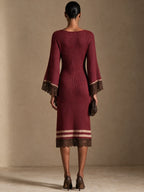 Contrast Lace Panel Elegant Knit Midi Dress