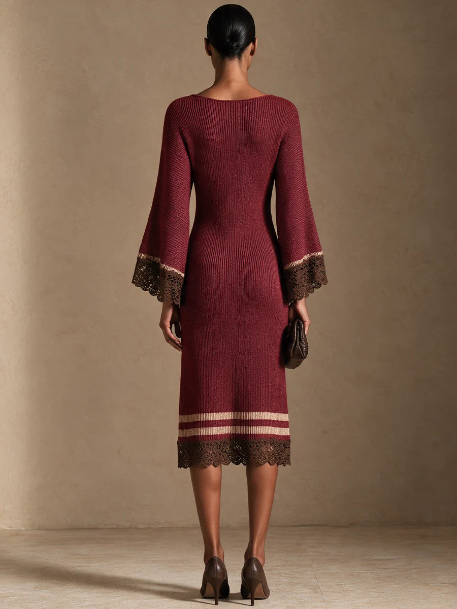 Contrast Lace Panel Elegant Knit Midi Dress