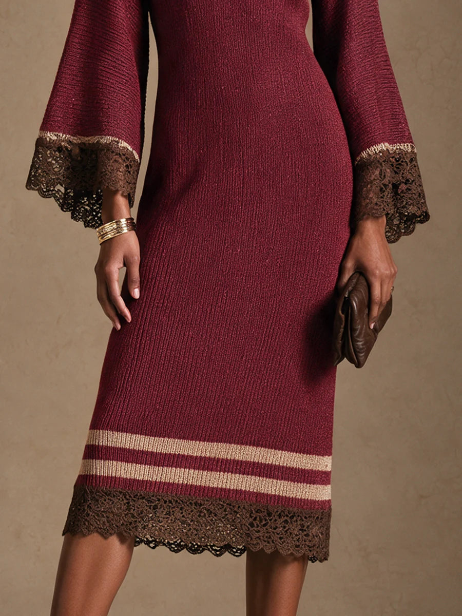 Contrast Lace Panel Elegant Knit Midi Dress