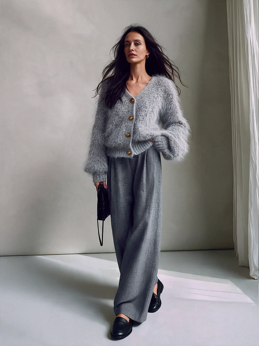 Fluffy Mohair V-Neck Cardigan