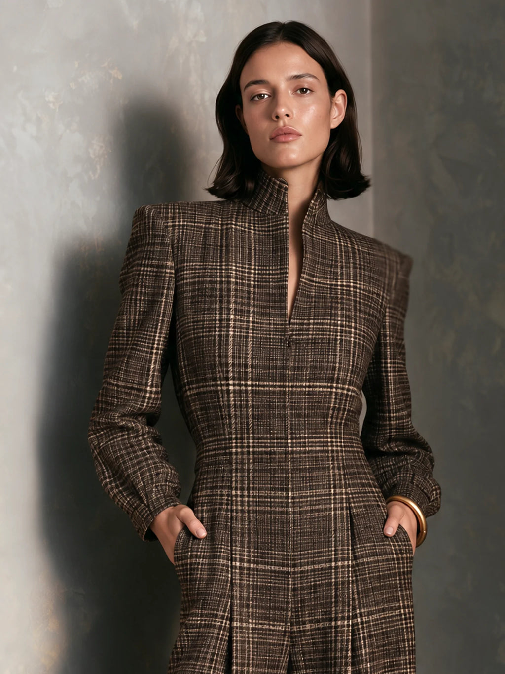 Vintage Plaid Woolen Stand Collar Wide Leg Jumpsuit