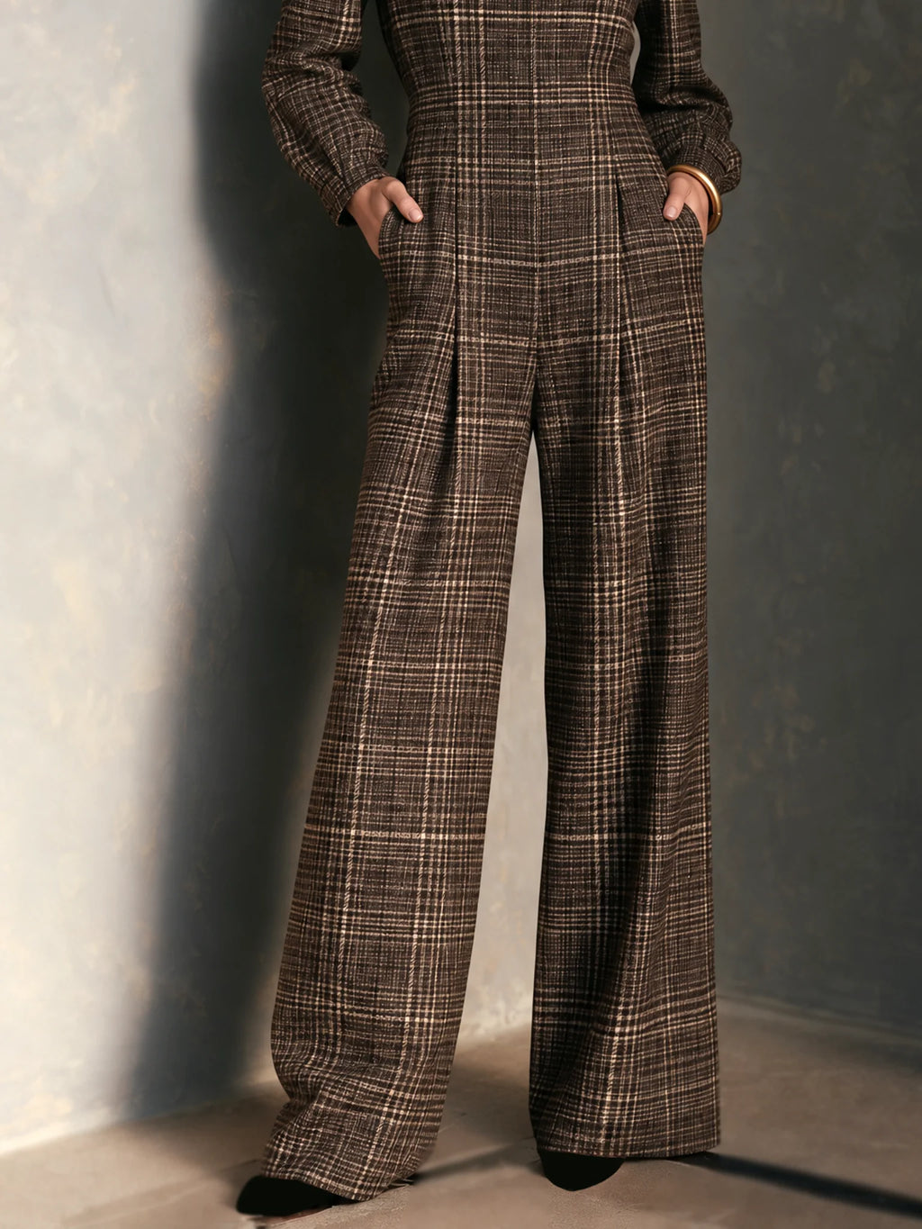 Vintage Plaid Woolen Stand Collar Wide Leg Jumpsuit