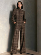 Vintage Plaid Woolen Stand Collar Wide Leg Jumpsuit