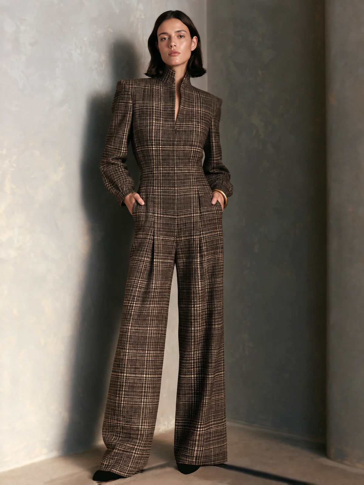Vintage Plaid Woolen Stand Collar Wide Leg Jumpsuit