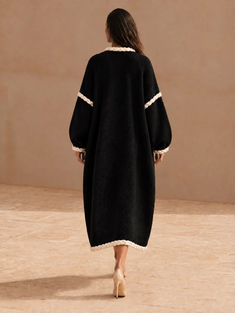 Oversized Ribbed Knit Dress with Braided Rope Trim