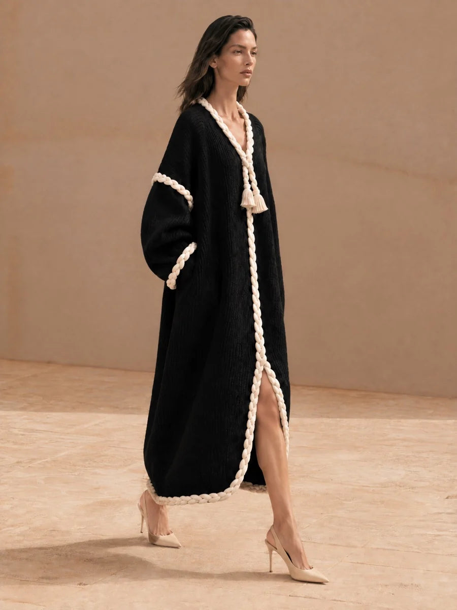Oversized Ribbed Knit Dress with Braided Rope Trim