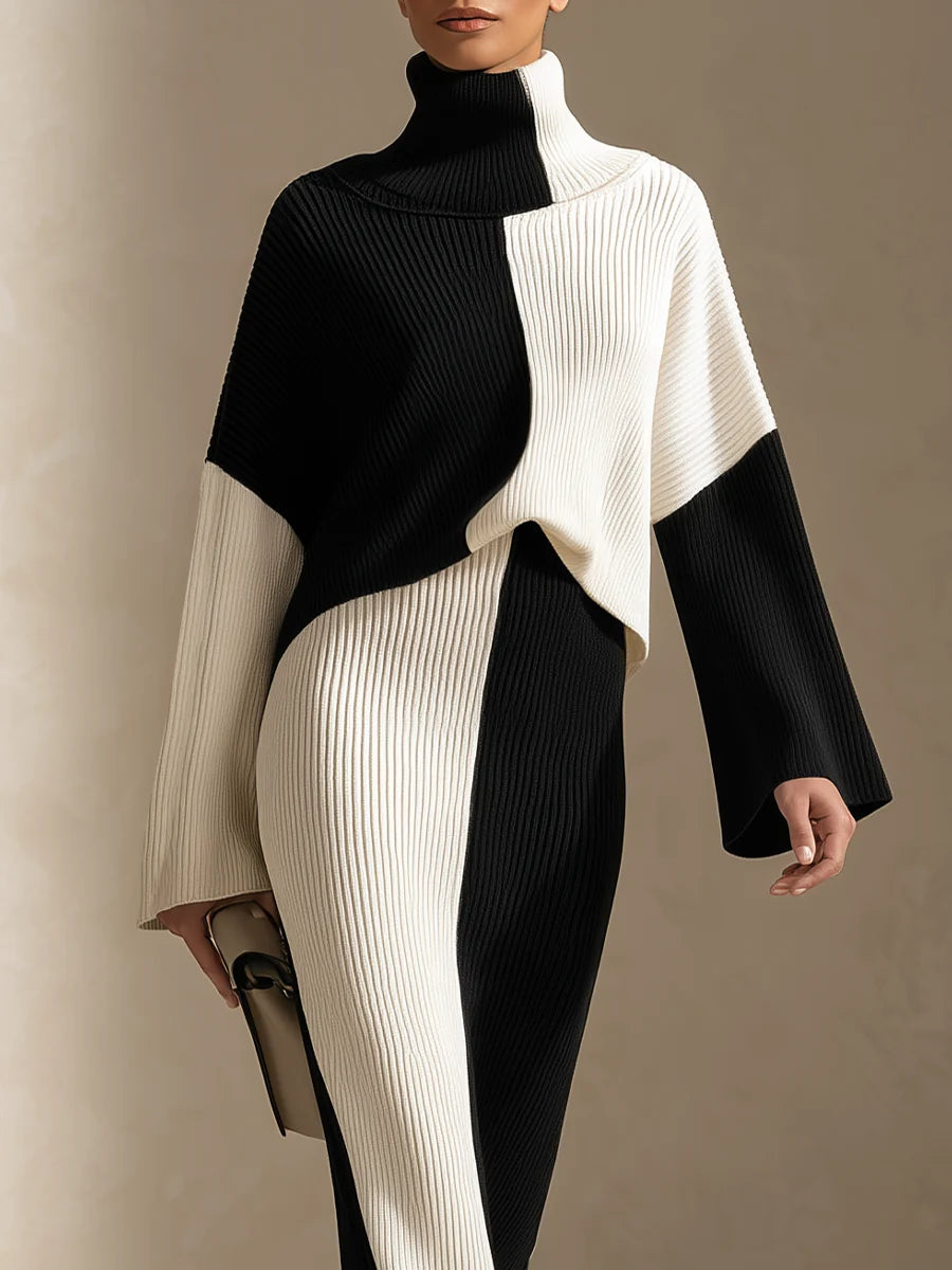 Colorblock Ribbed Knit Black White Maxi Set