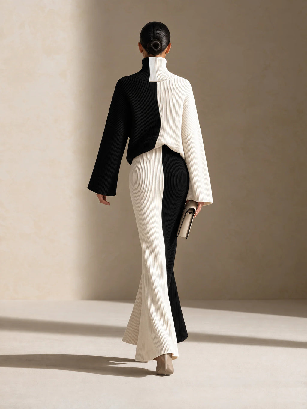 Colorblock Ribbed Knit Black White Maxi Set