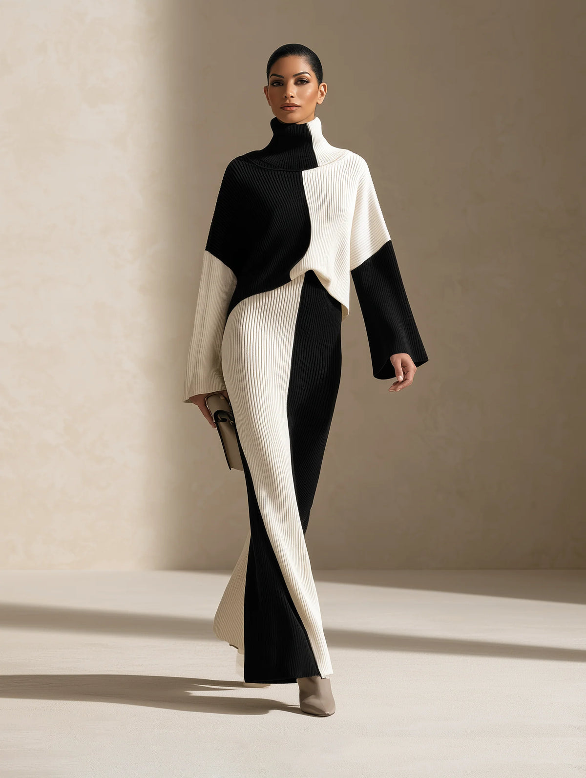 Colorblock Ribbed Knit Black White Maxi Set