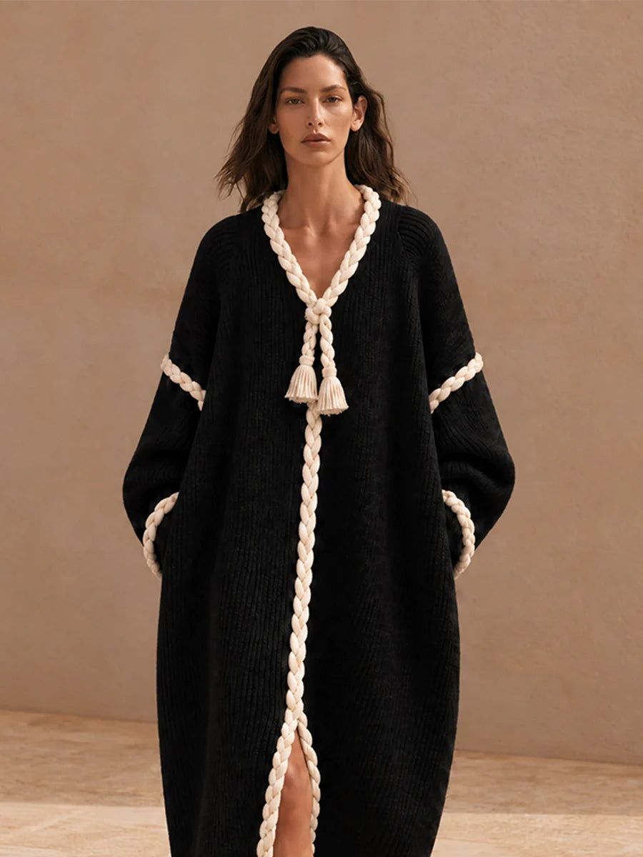 Oversized Ribbed Knit Dress with Braided Rope Trim