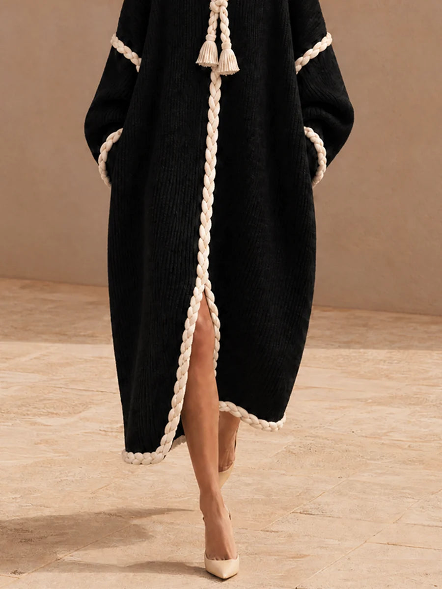 Oversized Ribbed Knit Dress with Braided Rope Trim
