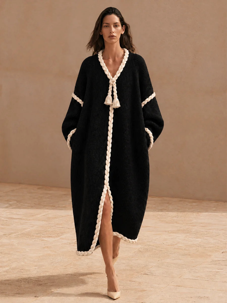 Oversized Ribbed Knit Dress with Braided Rope Trim
