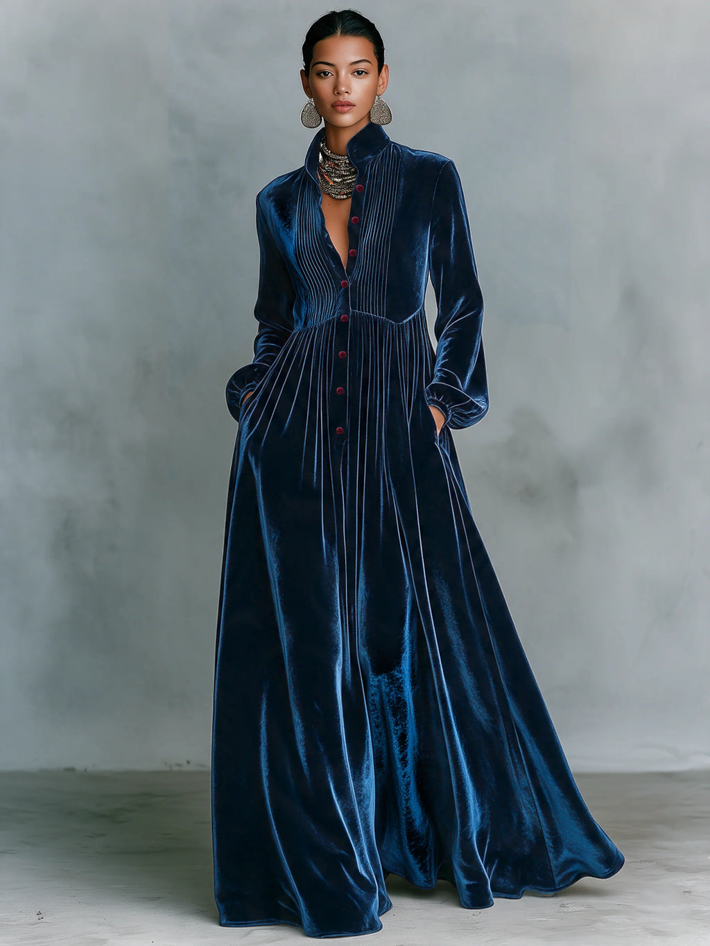 Velvet Button Front Maxi Dress