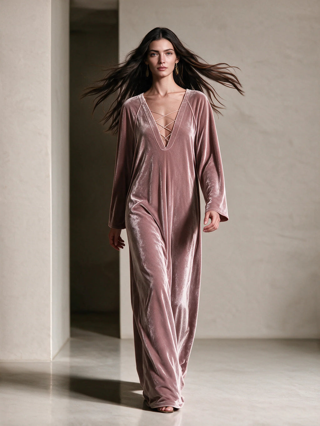Velvet Criss‑Cross V‑Neck Maxi Kaftan