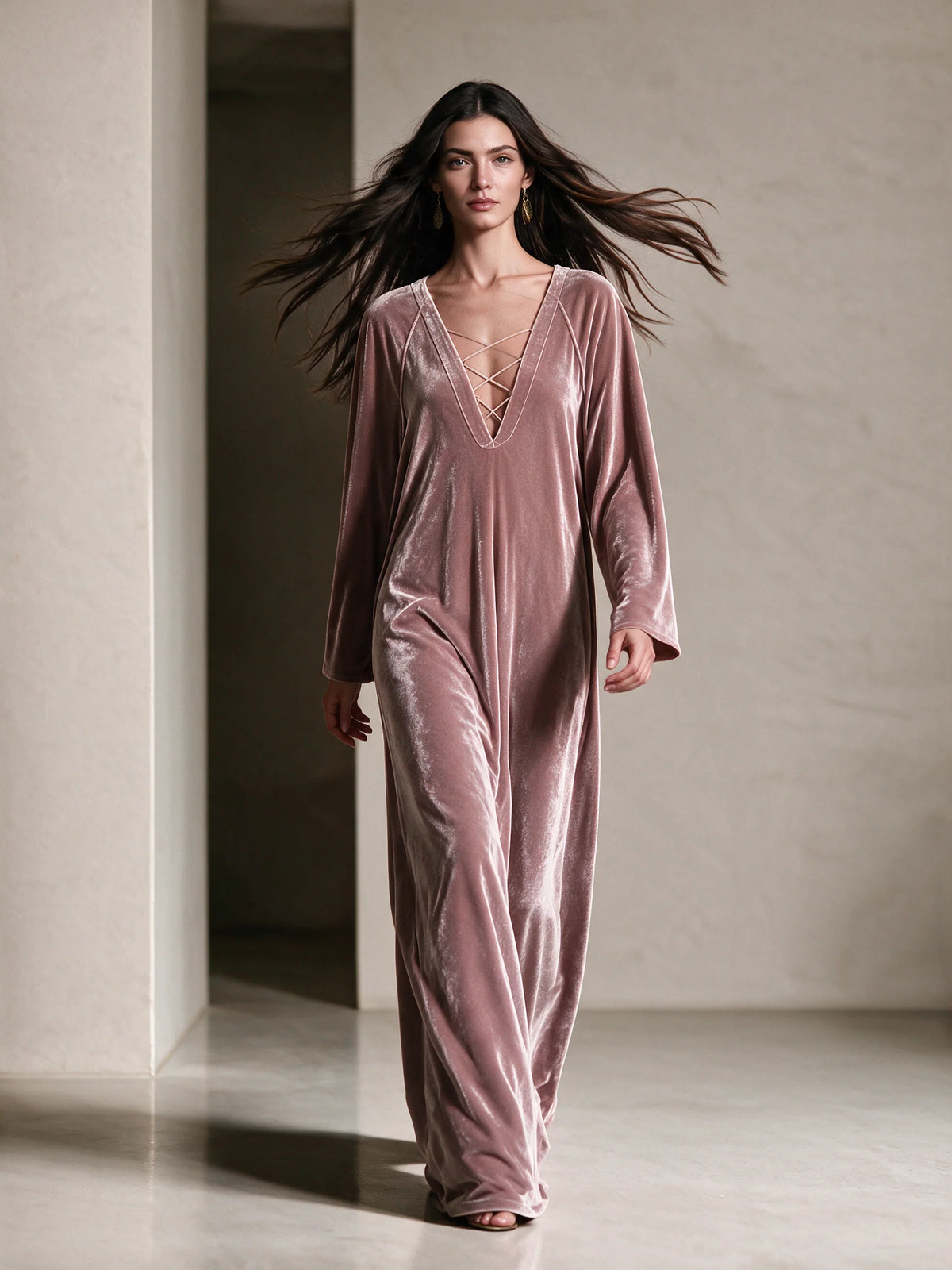 Velvet Criss‑Cross V‑Neck Maxi Kaftan