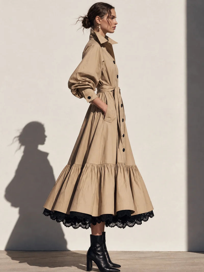 Elegant A-Line Lace Hem Belted Trench Coat