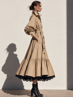 Elegant A-Line Lace Hem Belted Trench Coat
