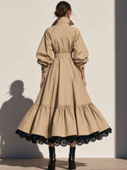 Elegant A-Line Lace Hem Belted Trench Coat