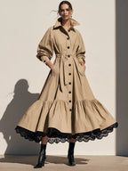 Elegant A-Line Lace Hem Belted Trench Coat