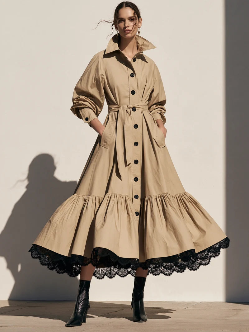 Elegant A-Line Lace Hem Belted Trench Coat
