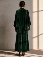Round Neck Drop-Shoulder Blouson-Sleeve Top & Wide-Leg Trouser Velvet Set
