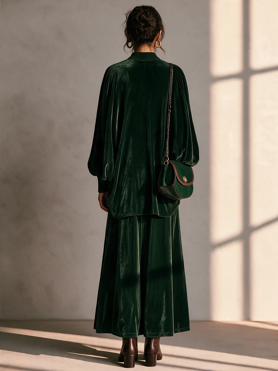 Round Neck Drop-Shoulder Blouson-Sleeve Top & Wide-Leg Trouser Velvet Set