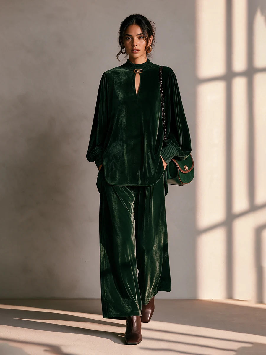 Round Neck Drop-Shoulder Blouson-Sleeve Top & Wide-Leg Trouser Velvet Set