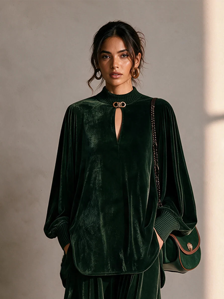 Round Neck Drop-Shoulder Blouson-Sleeve Top & Wide-Leg Trouser Velvet Set