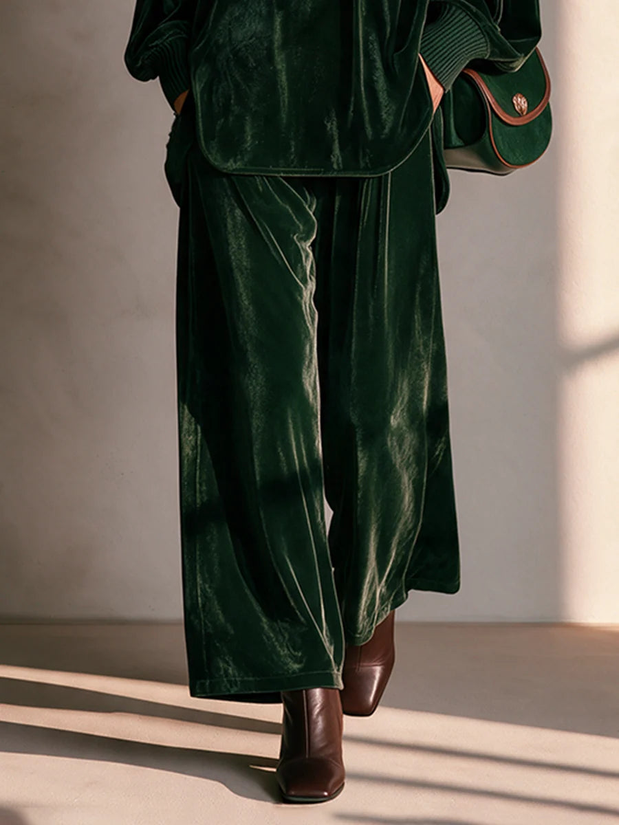 Round Neck Drop-Shoulder Blouson-Sleeve Top & Wide-Leg Trouser Velvet Set