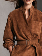 Chaqueta casual marrón de ante de manga larga