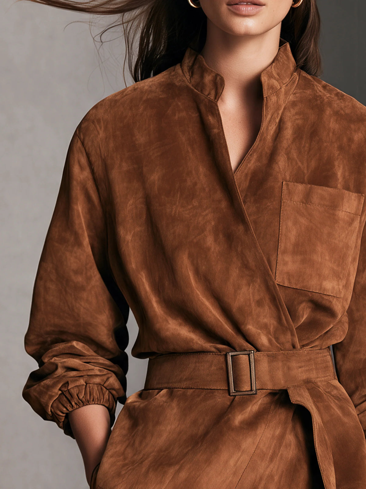 Casual Brown Suede Long-sleeve Jacket